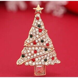 Christmas Tree Brooch Pin Gold Tone Rhinestone Holiday Xmas Jewelry‎